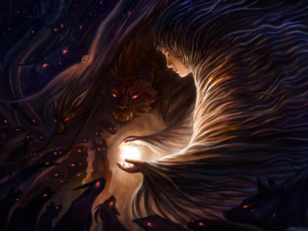 A person holds a glowing orb, surrounded by dark, shadowy creatures with red eyes. Cloaked figure in a mystical, eerie nighttime setting.