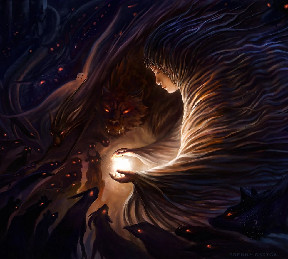 A person holds a glowing orb, surrounded by dark, shadowy creatures with red eyes. Cloaked figure in a mystical, eerie nighttime setting.