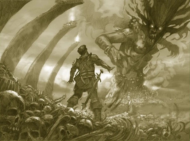 Warrior confronts giant monster in a skull-laden wasteland under cloudy skies. Tension and eerie atmosphere dominate the sepia-toned scene.
