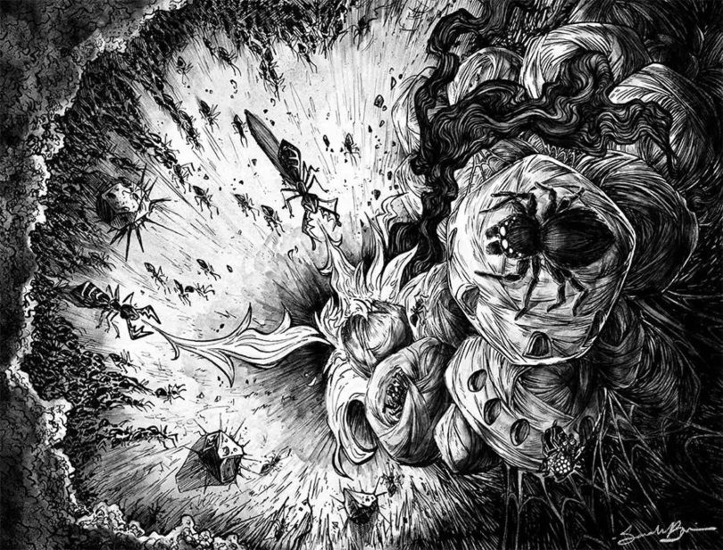 Abstract black-and-white artwork featuring insects and webs in a chaotic, swirling pattern. No visible text. Dramatic and dynamic scene.