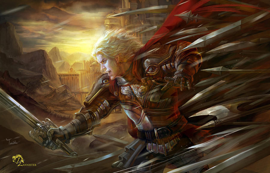 A warrior in ornate armor wields a sword, surrounded by swirling motion. A castle rises against a dramatic sunset. Red cape flows behind.