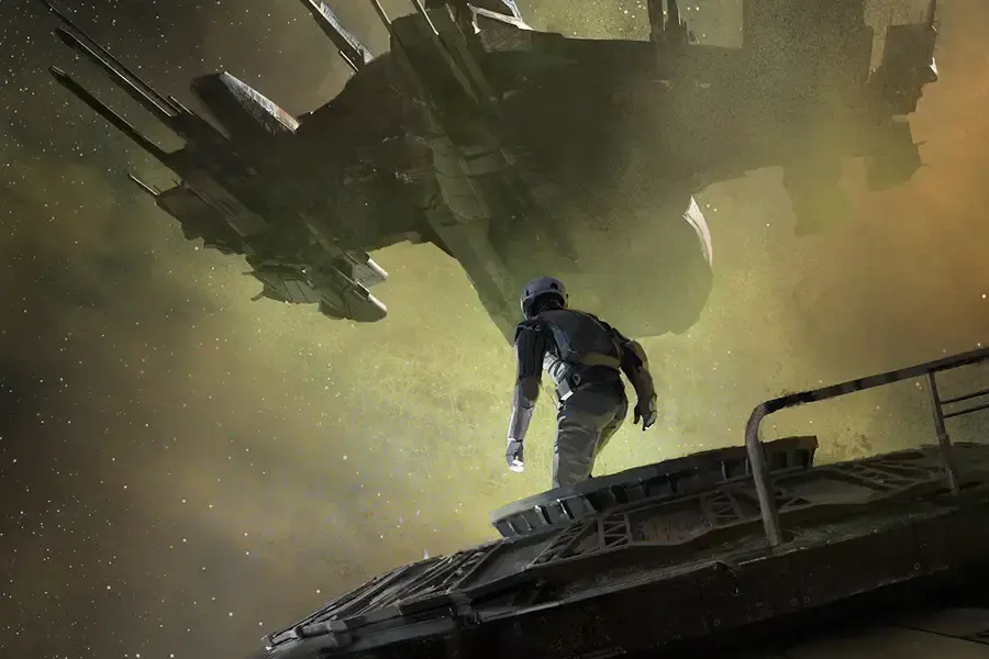 A figure in a spacesuit stands on the hull of a ship, looking towards another ship in the center of the image.