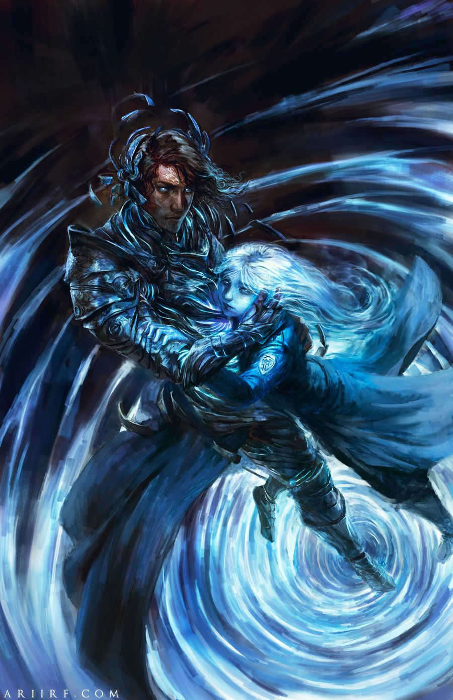 Two armored figures embrace amid swirling blue energy in a dark backdrop. The mood is intense, with flowing hair and dynamic motion.