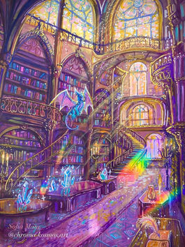 A vibrant, highly detailed digital painting of a grand, multi-level fantasy library filled with towering bookshelves, arched windows, and winding staircases. The entire scene glows with an intense, neon palette of purple, magenta, gold, and blue. A small, iridescent blue dragon with translucent wings hovers in the center of the room. Sunlight streams through stained-glass windows, creating bright rainbow light leaks across the floor. In the foreground, glowing blue and white crystal clusters rest on wooden tables alongside lit candles and a feather quill, creating a magical, whimsical atmosphere. The signature "Sofia Mata @chroma.kosmos.art" is visible in the bottom left corner.