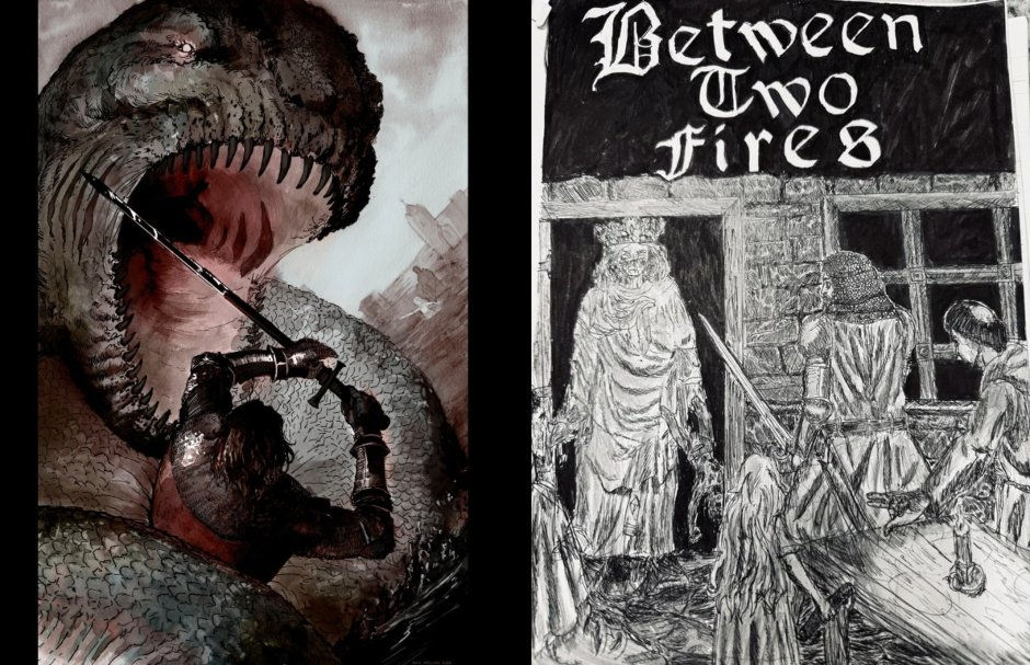 Fantasy art panels: a warrior battles a giant serpent; beside it, figures stand under the title Between Two Fires.