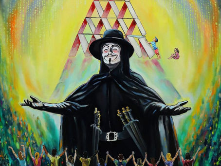 Person in dark cloak with a mask stands arms outstretched. Illuminati pyramid and unified crowd in vibrant, mystical setting.