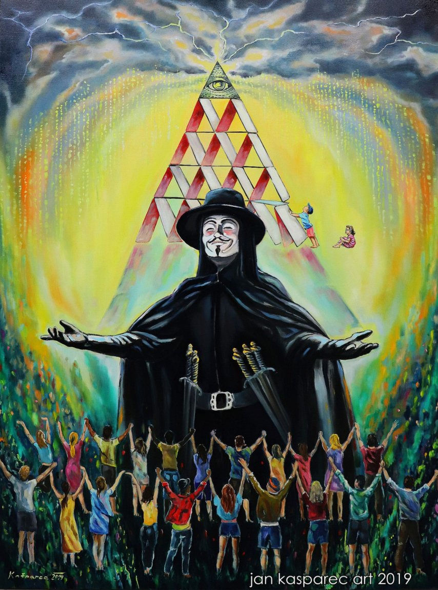 Person in dark cloak with a mask stands arms outstretched. Illuminati pyramid and unified crowd in vibrant, mystical setting.