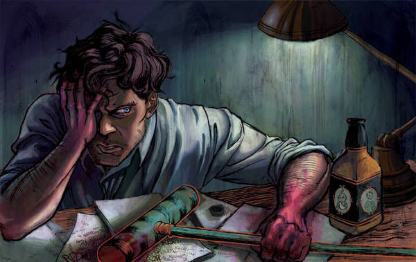 Man with disheveled hair rests his head on his hand at a cluttered desk, lit by a lamp. Papers and bottle visible, expression looks stressed.
