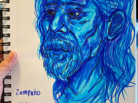Blue sketch of a bearded man with long hair, expressing a somber mood. Text reads "Zampaño 6/5/23" on left of beige sketchbook.