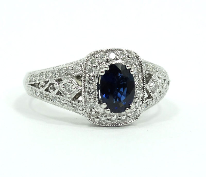 Thumbnail: GABRIEL & CO Blue SAPPHIRE Diamond Halo 14k White Gold Ring s.7