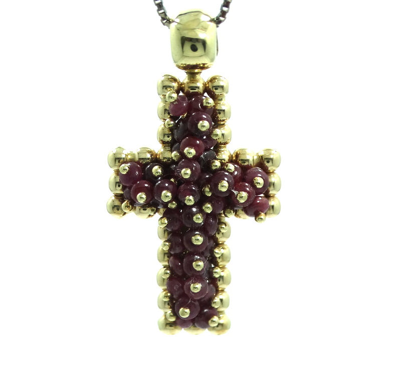 Vintage Estate Italian Genuine RUBY Beaded 14k Yellow Gold Cross Pendant