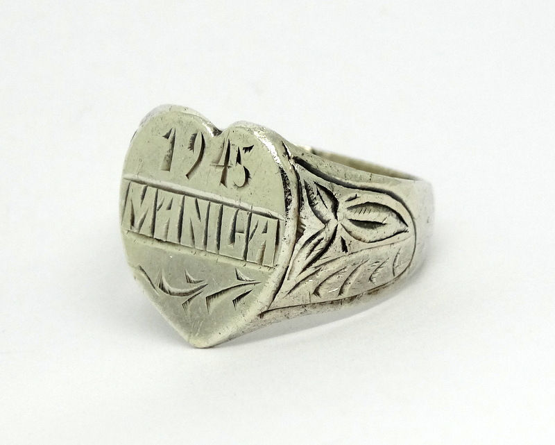 Thumbnail: WW2 Trench Art 1945 MANILA Filigree SWEETHEART Ring s.10