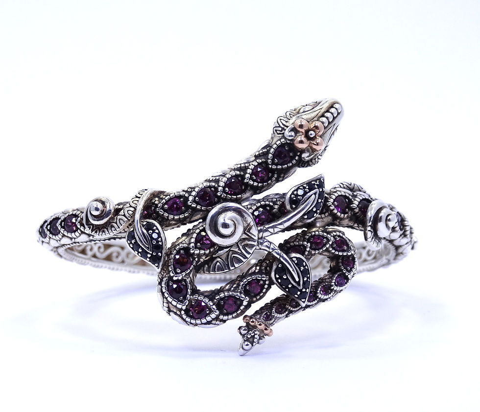 Thumbnail: BARBARA BIXBY 925 & 18K Gold SNAKE Rhodolite GARNET Bangle Bracelet 7"