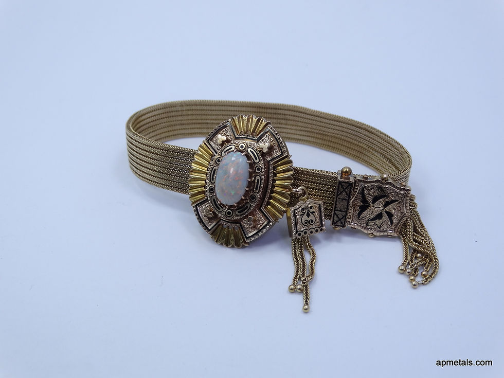 Thumbnail: Antique 1800s VICTORIAN Mesh Band 14K GOLD Opal SLIDE Bracelet Adjustable