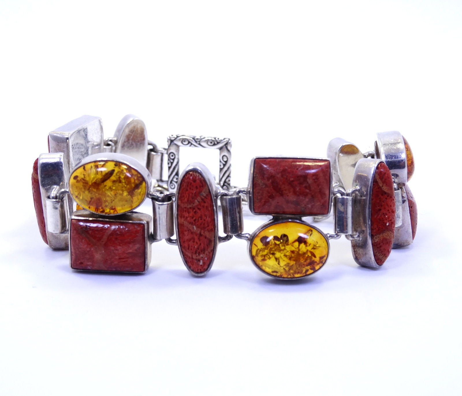 Vintage Modernist RED SPONGE CORAL BALTIC AMBER Sterling Silver TOGGLE Bracelet