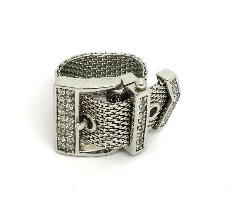 Thumbnail: SARA BOTELLO CZ Belt Buckle Sterling Silver Mesh Somerset Style Ring
