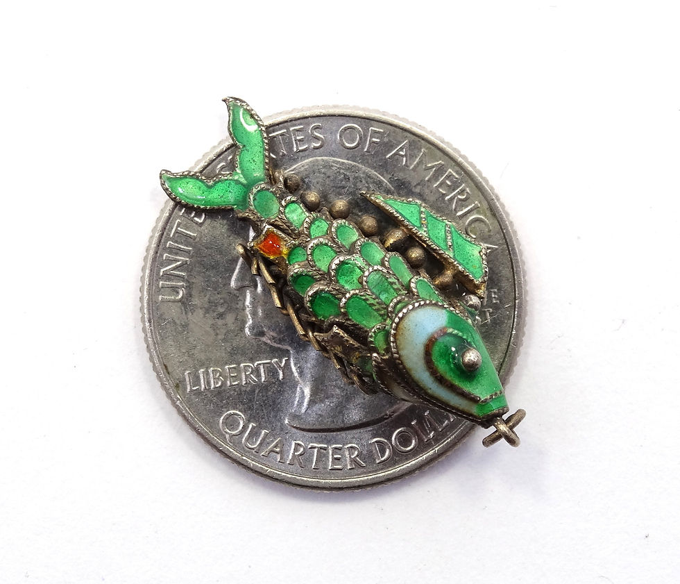 Thumbnail: Old Chinese GUILLOCHE Green Enamel Gold Gilt Silver Articulated KOI FISH Charm