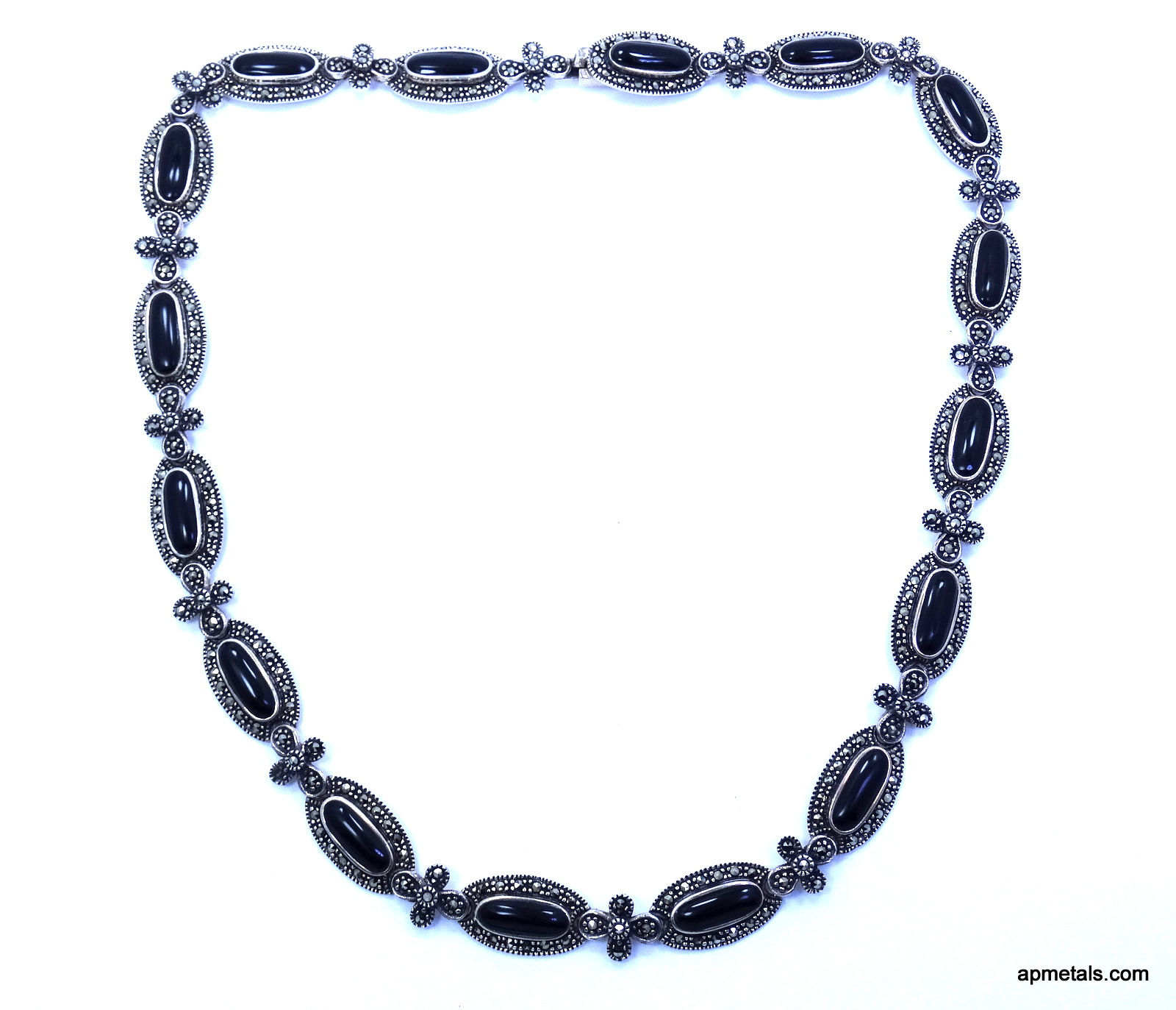 Art Deco Style Black ONYX Marcasite 925 A Thai Sterling Silver Link Necklace 17"