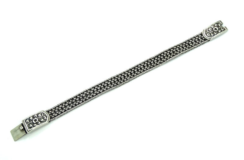 Thumbnail: Antique Repousse Rose Flower Buckle Clasp Weave Link Sterling Silver Bracelet
