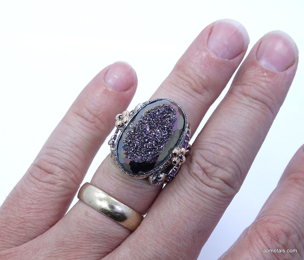 Thumbnail: BARBARA BIXBY Druzy Quartz Purple Garnet 18k Gold 925 Silver Ring s.8