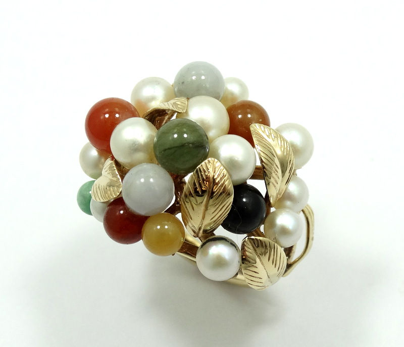 Thumbnail: Vintage MING'S Honolulu AKOYA PEARL Multi-Color JADE Cluster 14k Gold Ring