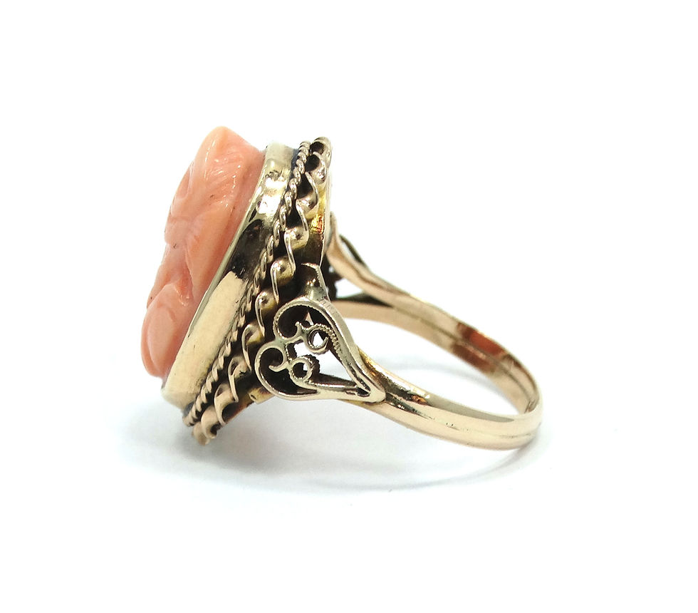 Thumbnail: Antique CAMEO Salmon Pink Angelskin CORAL 14k Gold Filigree Ring s.6