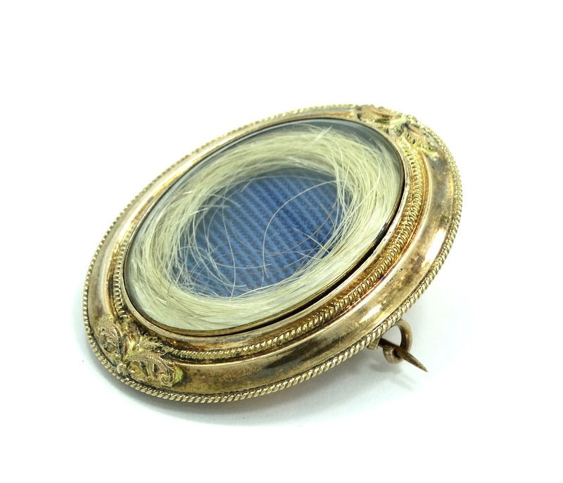 Thumbnail: Victorian Gold Shell, Hair on Blue Cloth MOURNING Brooch Pin