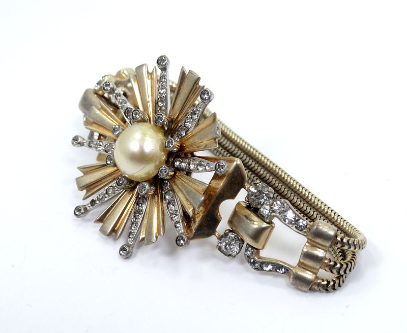 Thumbnail: Antique ART DECO Gold Gilt Sterling Silver STAR BURST Pearl Rhinestone Bracelet