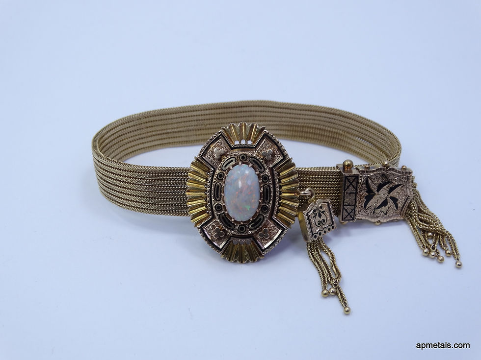 Thumbnail: Antique 1800s VICTORIAN Mesh Band 14K GOLD Opal SLIDE Bracelet Adjustable