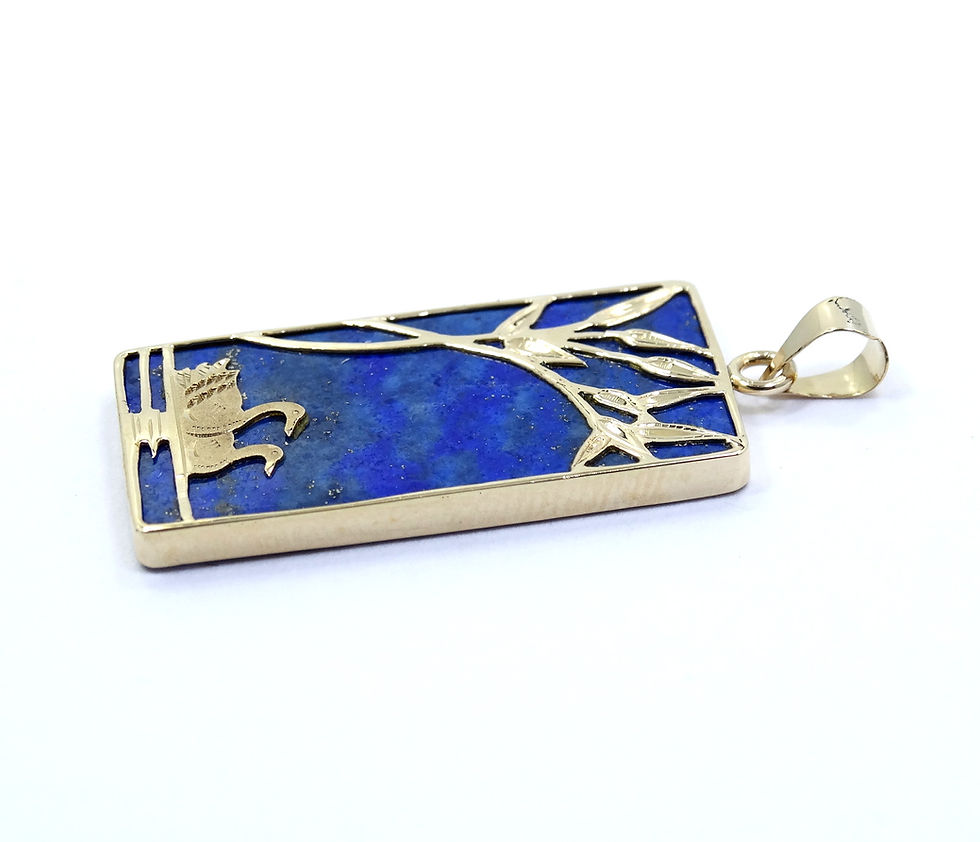 Thumbnail: ROK Vintage BLUE LAPIS LAZULI Rectangle 14k Yellow Gold SWAN LAKE SCENE Pendant