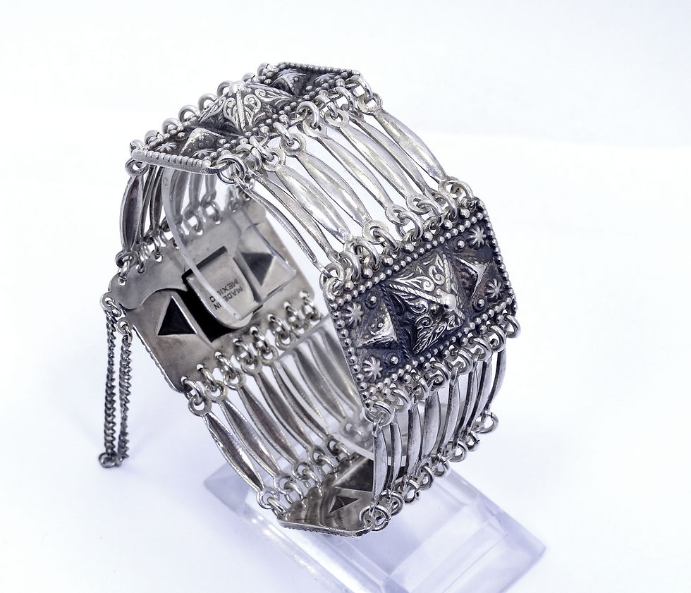 Thumbnail: Vintage 1940's Mexico WIDE Scroll Bar Fancy 8 Link Sterling Silver Bracelet 7.5"