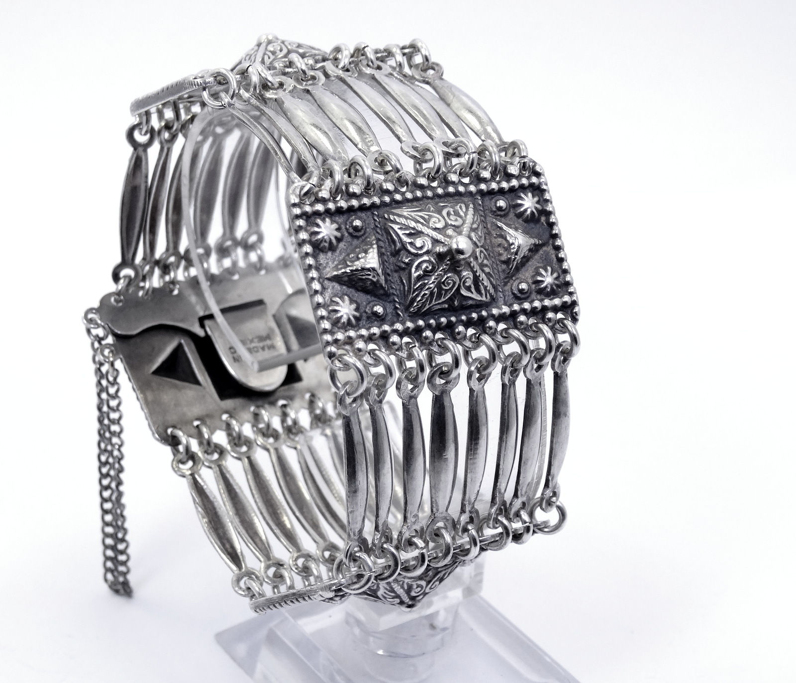 Vintage 1940's Mexico WIDE Scroll Bar Fancy 8 Link Sterling Silver Bracelet 7.5"