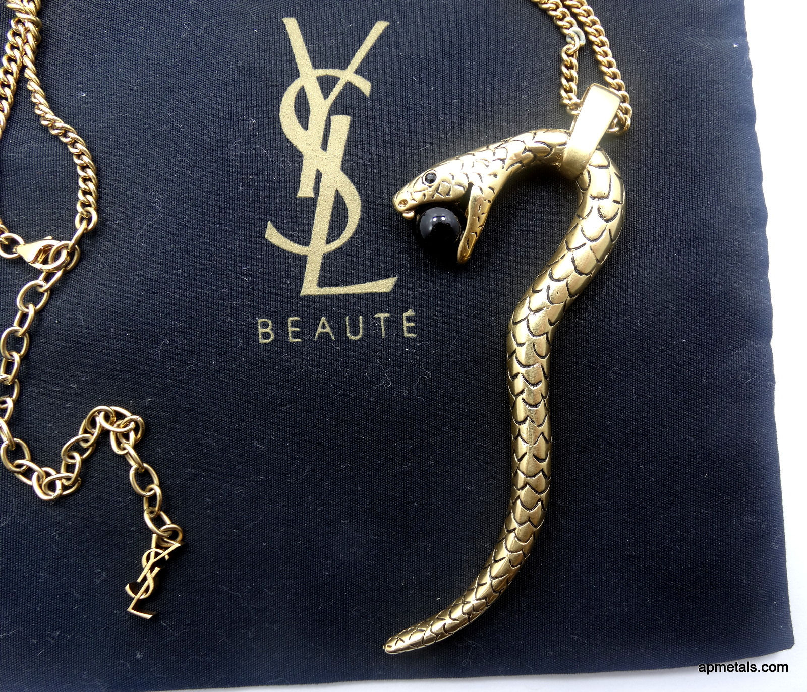 Vintage Designer YVES SAINT LAURENT Long Necklace Gold Toned SNAKE Black ONYX