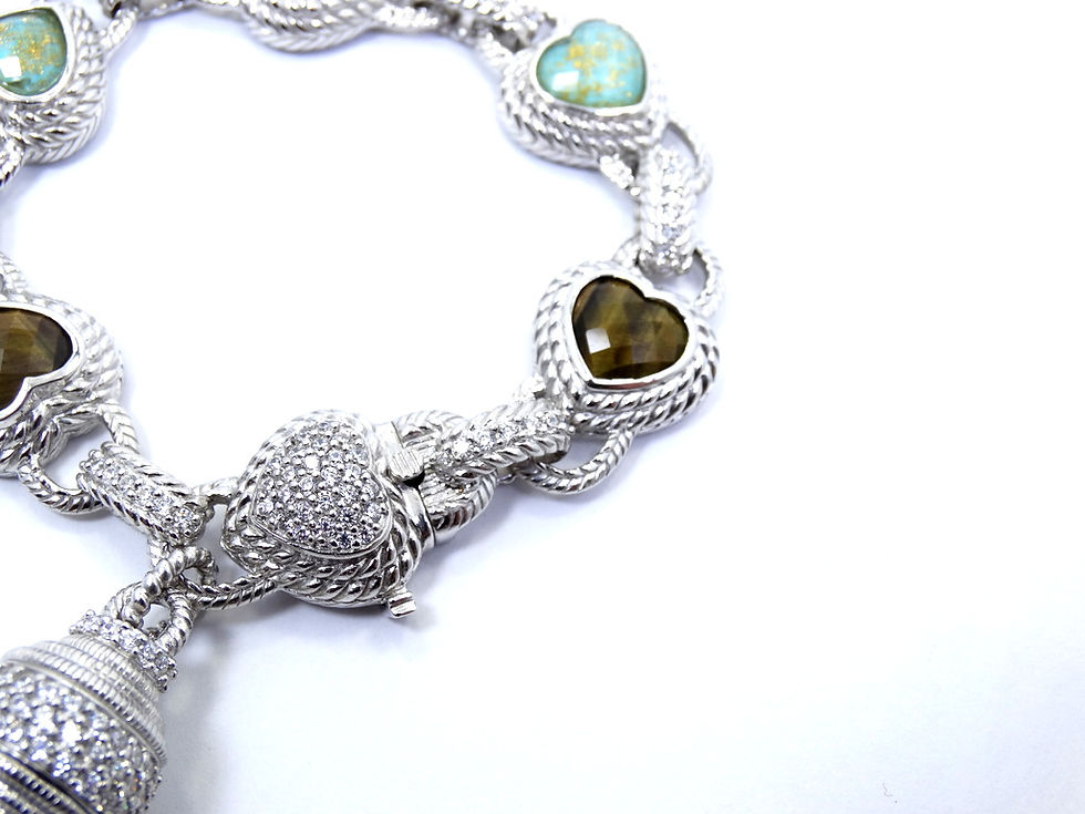 Thumbnail: JUDITH RIPKA TIGER'S EYE TURQUOISE HEART CZ Sterling Silver Bracelet 7-5/8"