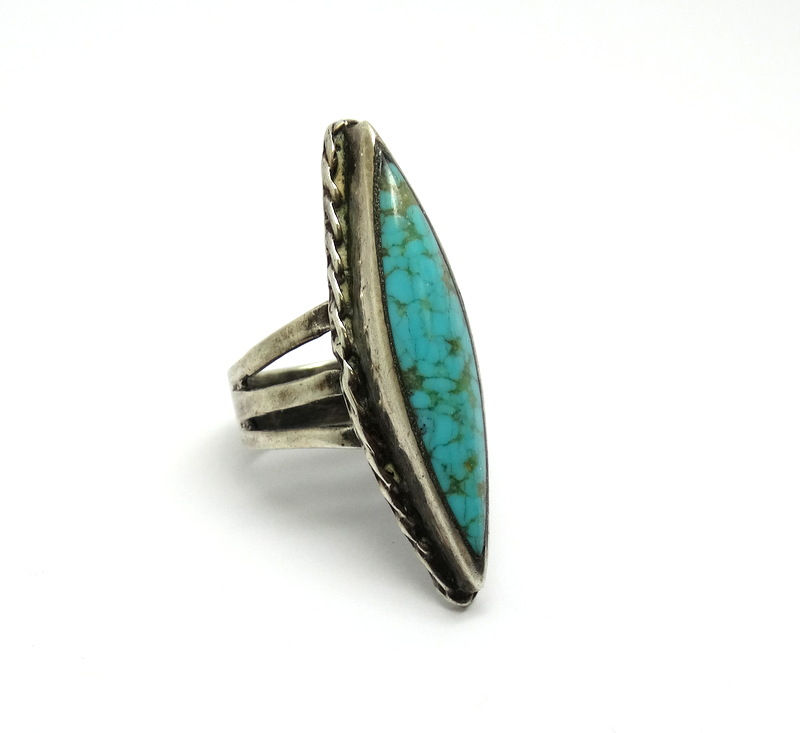 Thumbnail: Elongated NAVAJO Spider-Web Turquoise Silver Ring
