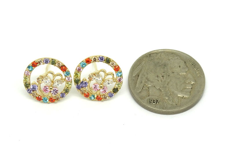 Thumbnail: 14k Gold Circular Multi Colored CZ BUTTERFLY Stencil  Post Back Earrings