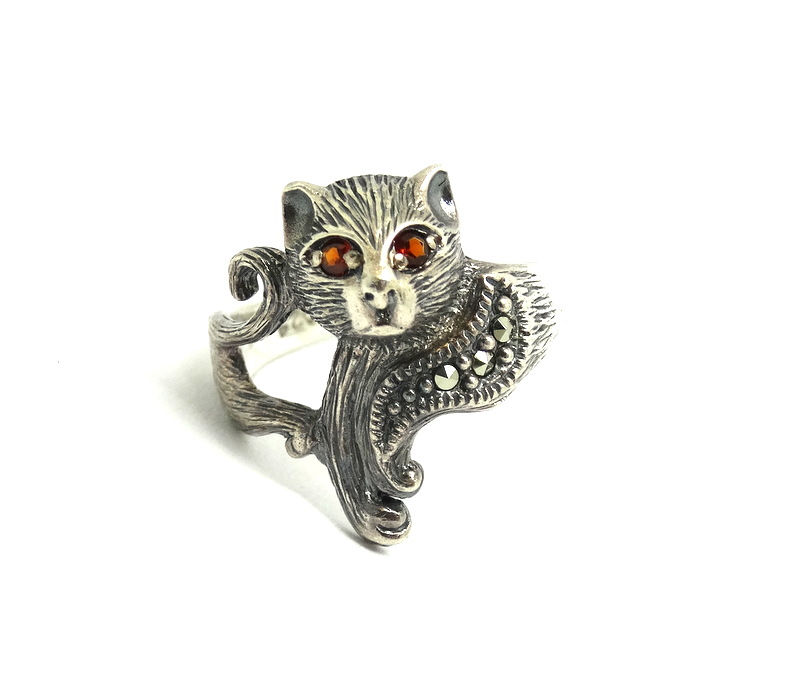 Thumbnail: Fun Sterling Silver Garnet Marcasite CAT Ring