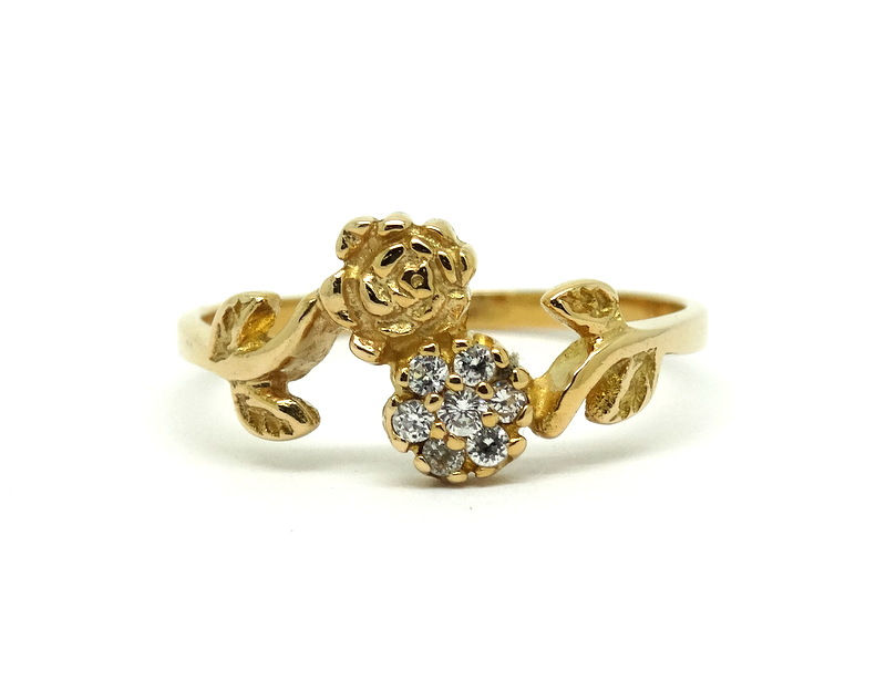 Thumbnail: Double Rose Flower Petite CZ Stone 10k Gold Ring