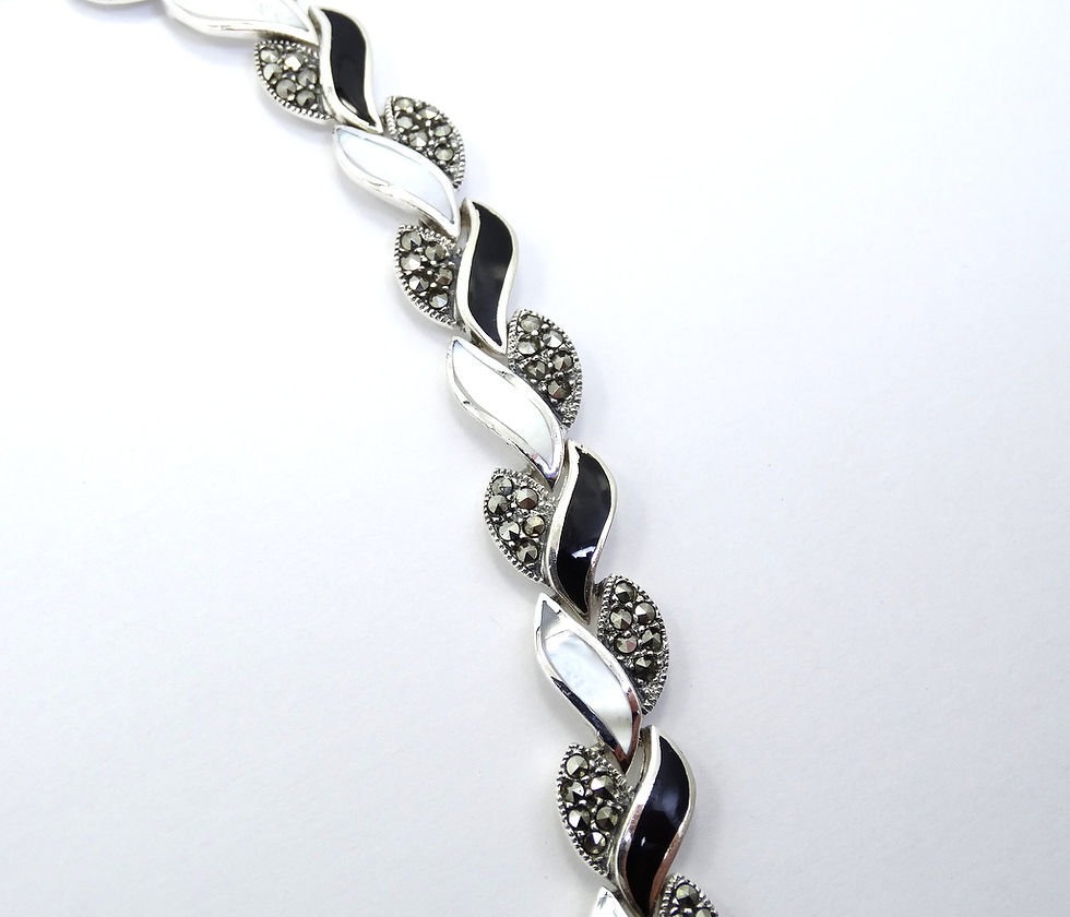 Thumbnail: DBJ Art Deco Style Black ONYX MOP Marcasite Sterling Silver Necklace 18"