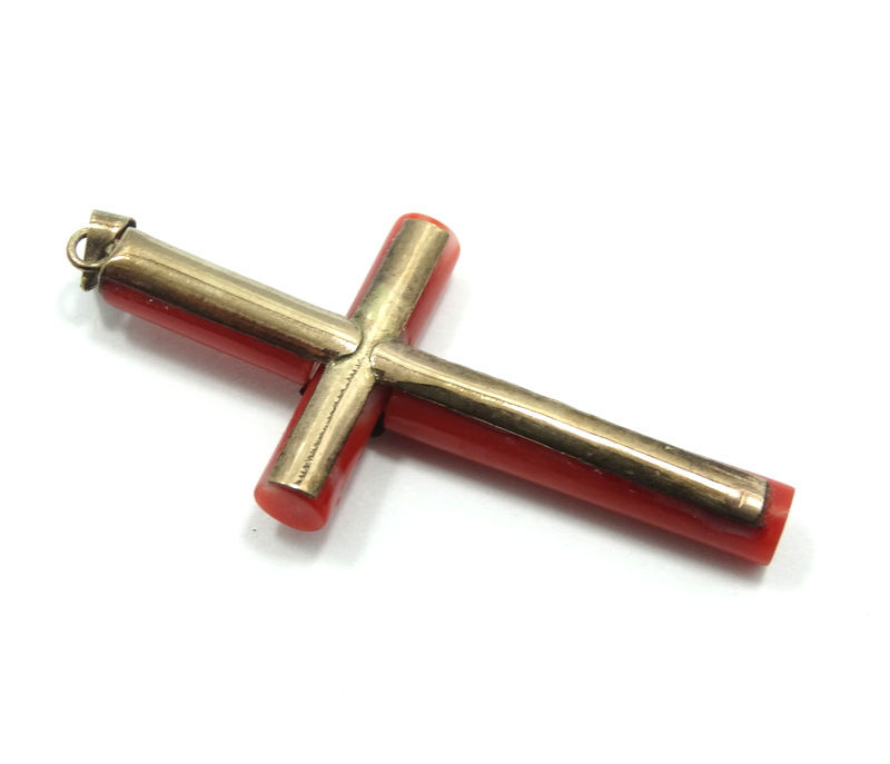 Thumbnail: Victorian Antique Mediterranean Deep RED CORAL 14k Yellow Gold Cross Pendant