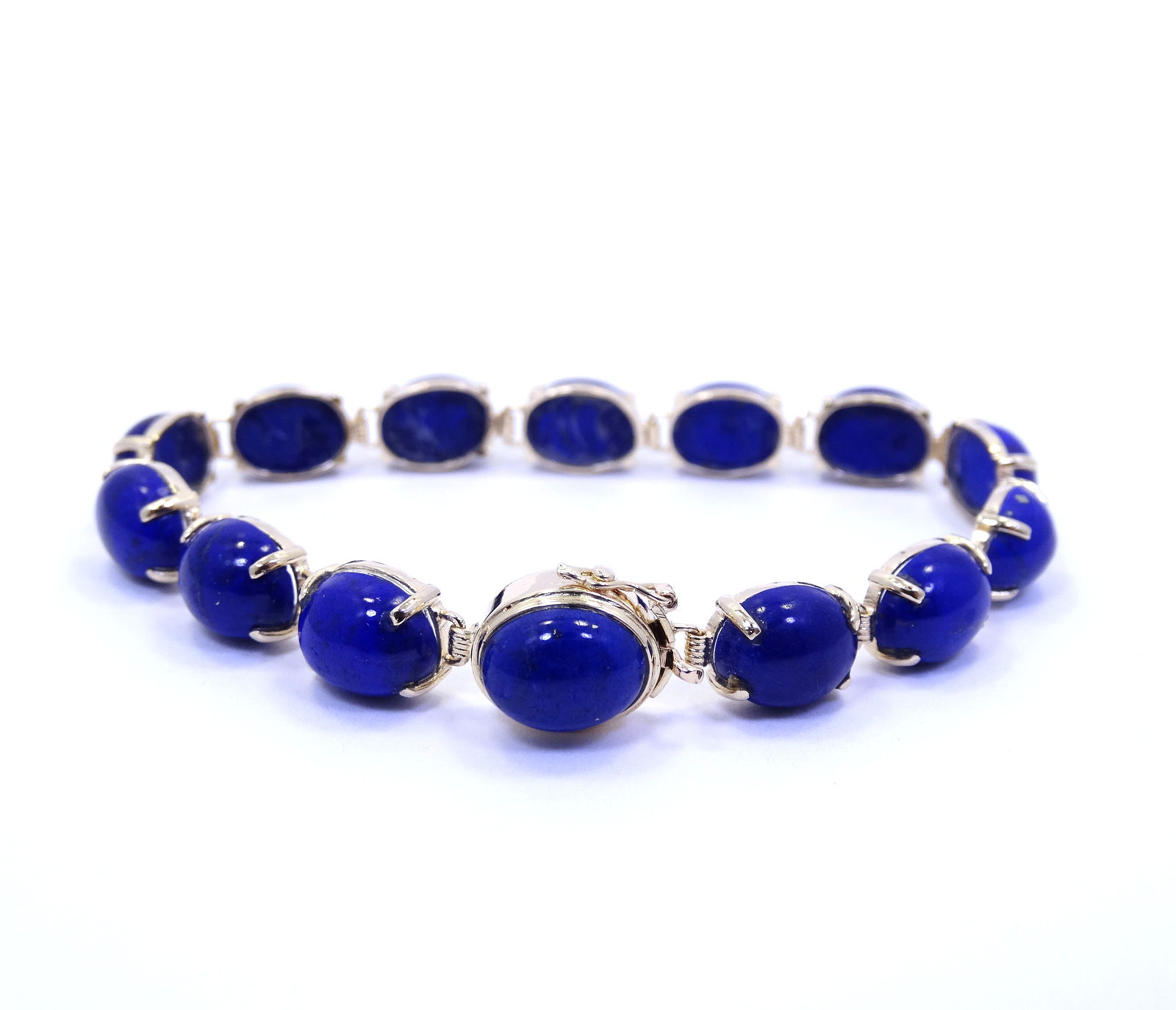 Vintage Natural Blue LAPIS LAZULI Cabochon Stone Tennis Links 14K Gold Bracelet