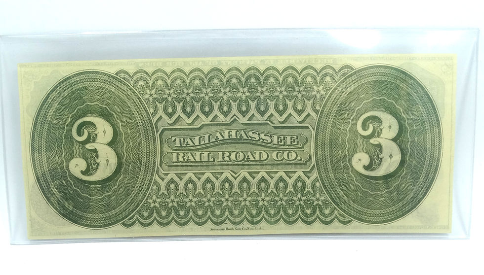 Thumbnail: 1860's Crisp $3 TALLAHASSEE Rail Road Company Florida Large Three Dollar Note