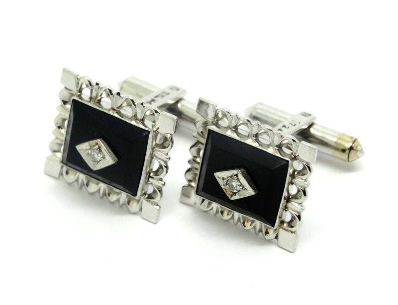 Thumbnail: Vintage TYL DIAMOND Black Onyx 14k White Gold Cufflinks