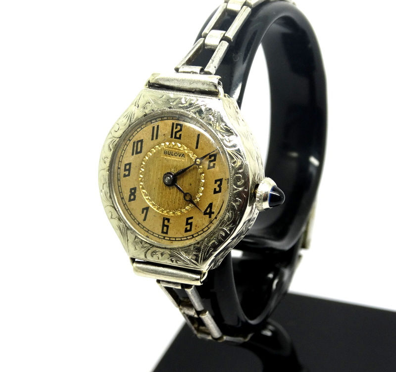 Thumbnail: Antique Art Deco BULOVA 14k White Gold Sapphire crown Swiss Winding Watch