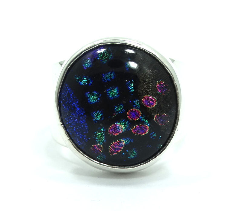 Thumbnail: Modernist BUSTAMANTE Style Colorful LEOPARD PRINT Art Glass 925 Silver Ring s.7