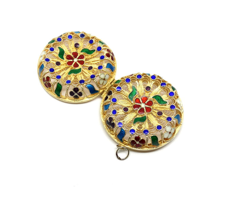 Thumbnail: Vintage Floral Enamel Cannetille Filigree Ster. Silver PILL BOX Locket Pendant