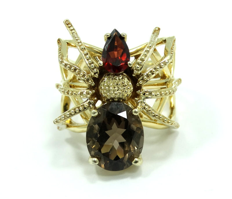 Thumbnail: Creepy SPIDER Smoky Quartz Red Garnet Gold Plate Sterling Silver NF Ring s.9
