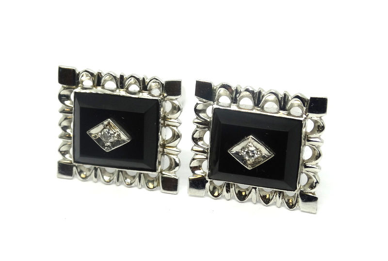 Thumbnail: Vintage TYL DIAMOND Black Onyx 14k White Gold Cufflinks