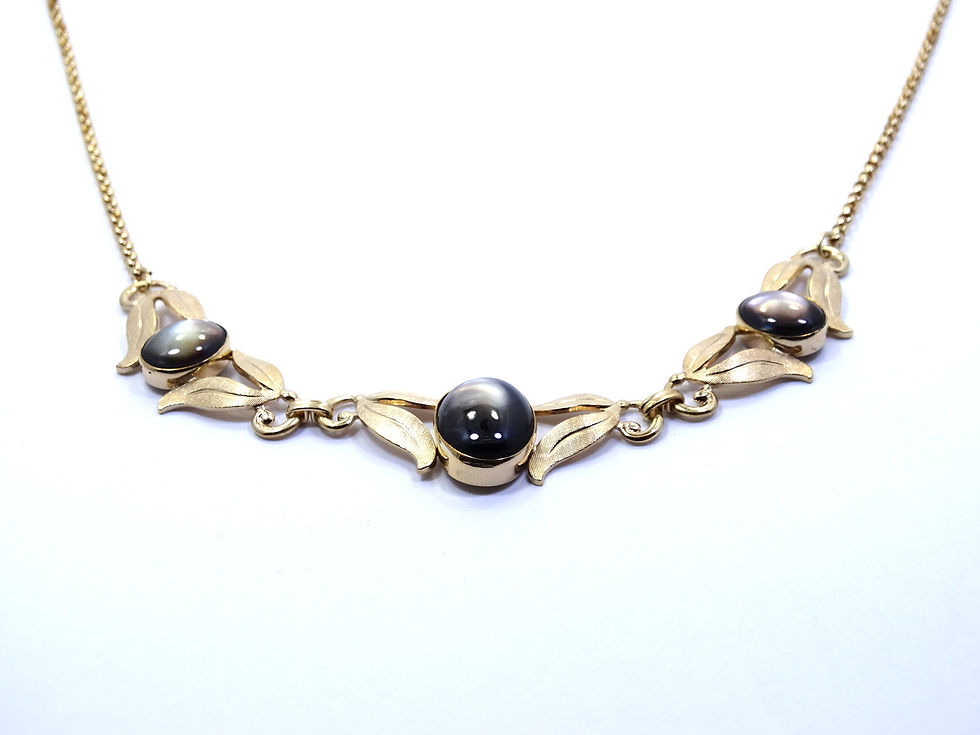 Thumbnail: Vintage VAN DELL 1/20 12k Gold Filled etched Leaves Oval MOP 16" Necklace