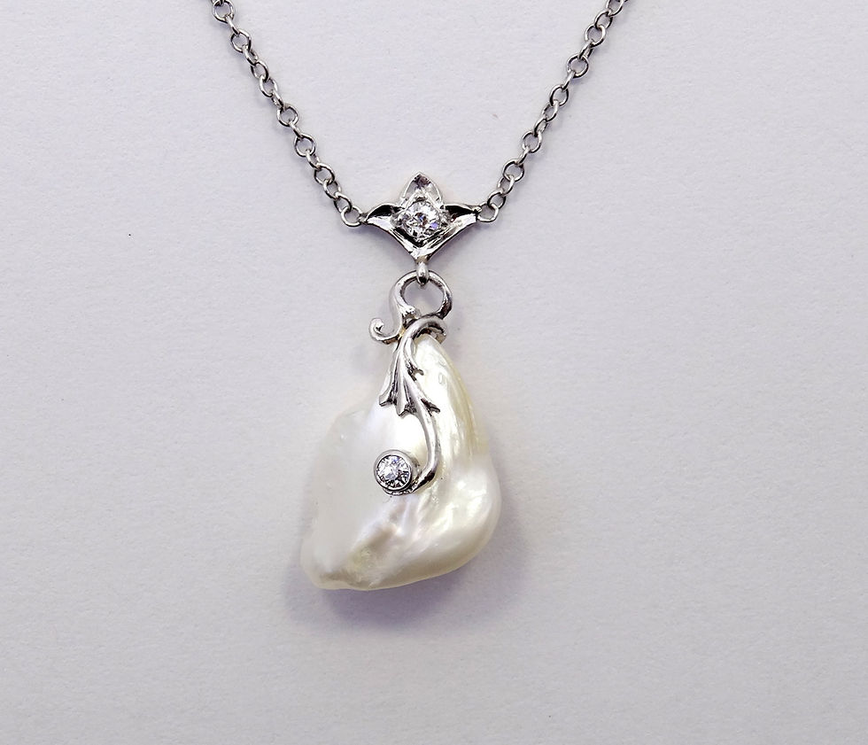 Thumbnail: Antique Art Deco BAROQUE PEARL Lavalier 14k White Gold DIAMOND Necklace 18"